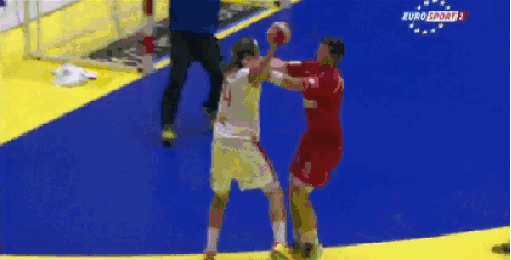 Handball European Championships. From the finale. Mikkel Hansen scores an amazing goal on behalf of Denmark... Goalie's face after goal