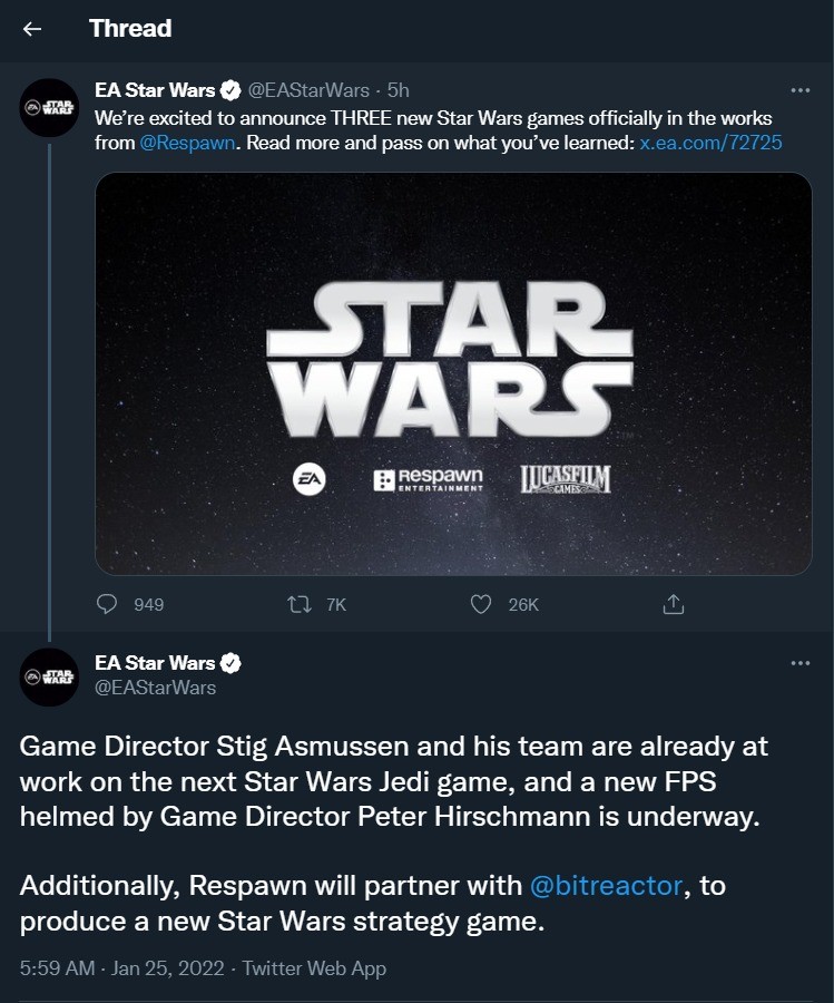 3 New Star Wars games in Development at Respawn. Jedi Fallen Order 2 An unnamed Strategy game. And an unnamed First Person Shooter.. &gt;New star wars FPS Don't do that. Don't give me hope.