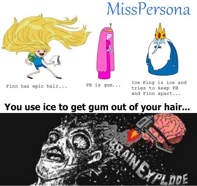 Adventure Time BLOWN. D:. h// listverse/ ta Ice King ls ice and tries to keep PB and Finn apart... Finn has epic hair... ls - You use ice to get gum out of your