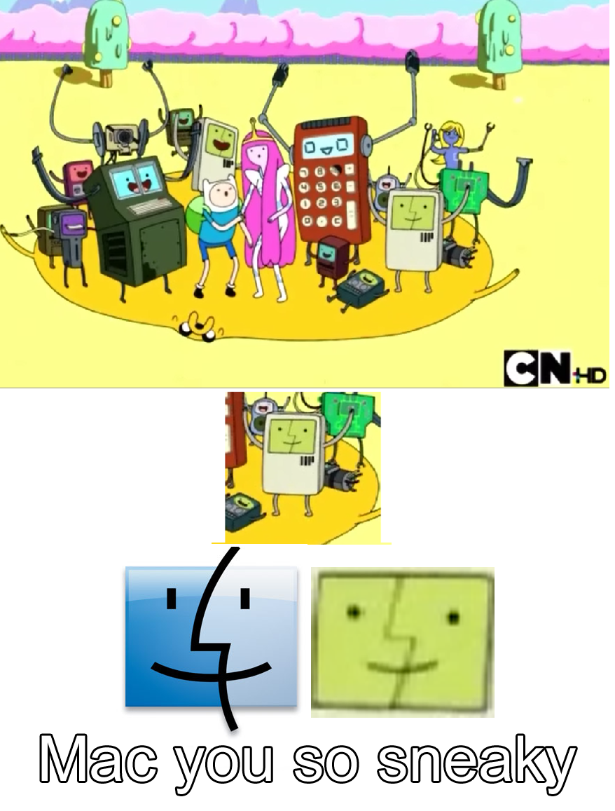 Adventure Time Hidden Reference. I was watching Adventure Time with the girlfriend when we spotted this! OC as usual... There are 2 of those guys. Not to mention the episode where BMO gets lost and his screen gets cracked he looks like that too somewhat.
