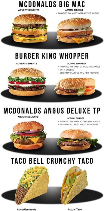 Advertisment vs. Reality. . GE Mao Th "tsta ) tr% ANNE BURGER KING WHIPPER NINE “ SIT! -TED TD MEET ? ANGLE WITH CHEESE Y WEED tre,. FOR FEE ANGUS IT wt "gum ET