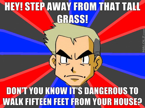 Advice Oak. . HEY! STEP AWAY FROM THAT TALL TIMI KNOW ' TO WALK FIFTEEN FEET TRIM VIII"! ?. dont go into the tall grass. there are level 2 pidgey in there