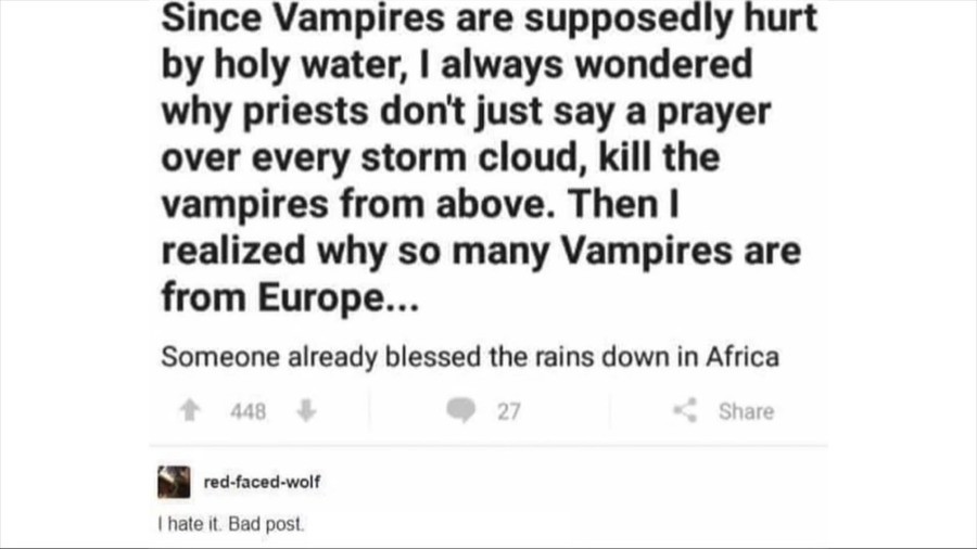African Vampires. .. I keep explaining this: Holy Water's power is from the ritual and not the water itself. It's a drawn out process that requires consecrated salts and two differe