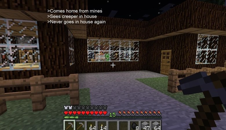 After a long day in the mines.... I dunno how it even got there... Seemes home from mines creeper in house Knever goes in house again 15 5555555555. YOU'RE LETTING THE TERRORISTS WIN!