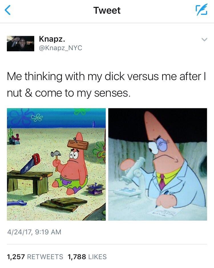 After a nut. . Unarm as Knapp_ NYC h/ thinking with rrly dick versus me after I nut & come to rrly senses. 1, 257 RETWEETS 1, 788 LIKES