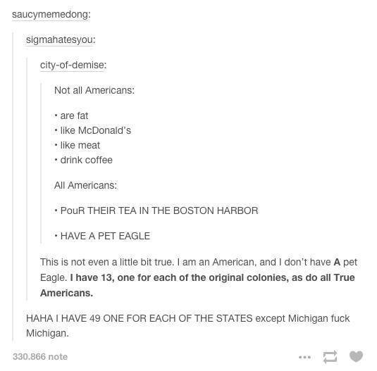 AMERICA. . Not all Americans: Me fat like meat All Americans: THEIR TEA IN THE BOSTON HARBOR HAVE A PET EAGLE This not even a little tilt true. I am an American