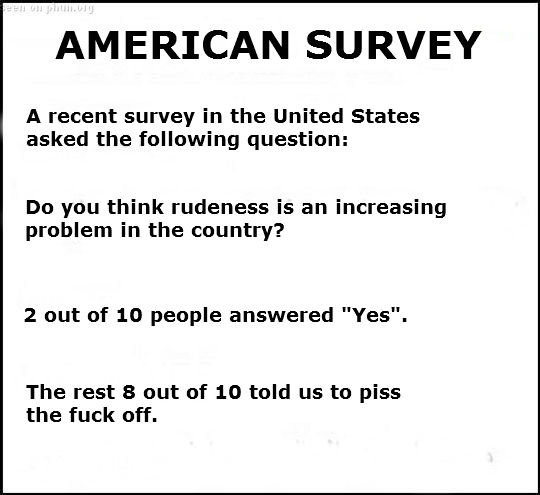American survey. Saw the survey picture on Frontpage and made me think about this.. AMERICAN SURVEY A recent survey in the United States asked the following que