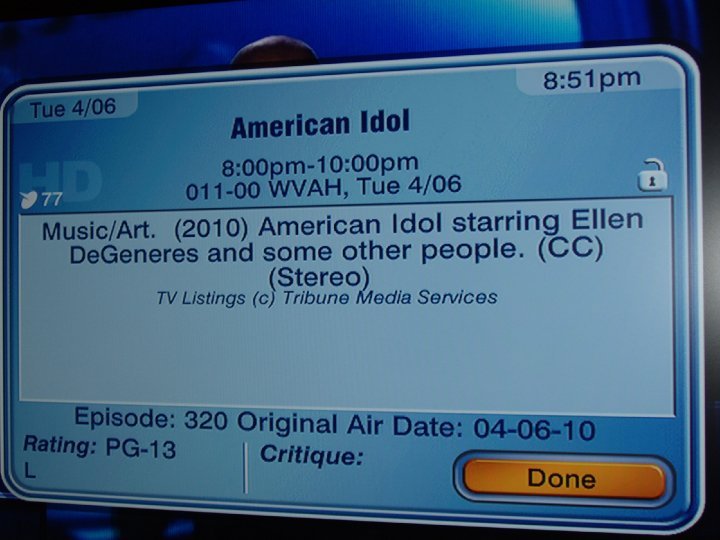 American Idol. Leave it to dish. Musictory. 'ill' American Idol starring Ellen DeGeneres and some other people. (CC) TV Listings in Tribune Media Services