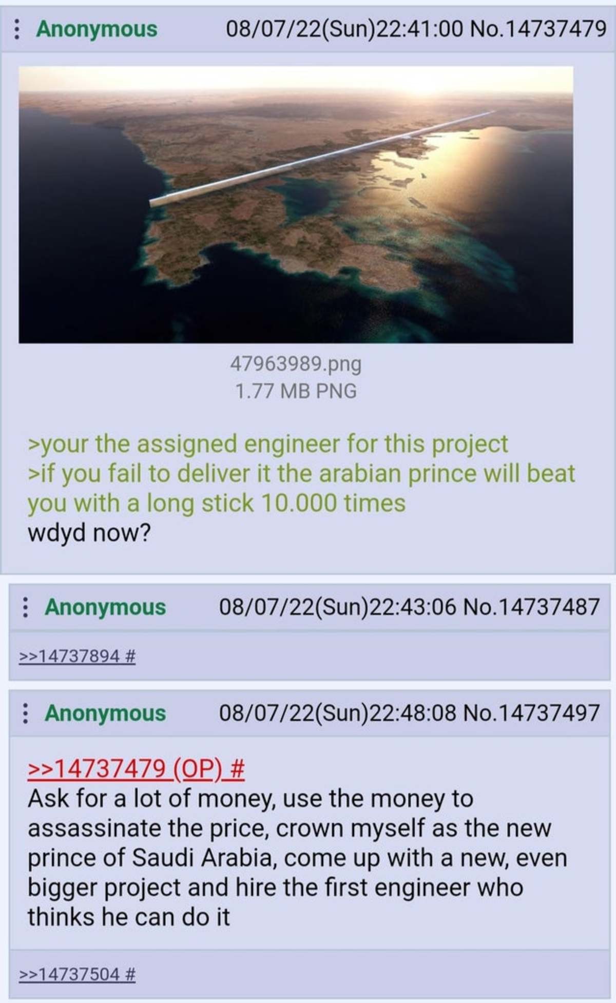 Anon beats the System. .. The 'The Line' project is going to bankrupt Saudi Arabia if they actually try to realize it as advertised. Yeah lets built a metropolis from the ground up in th