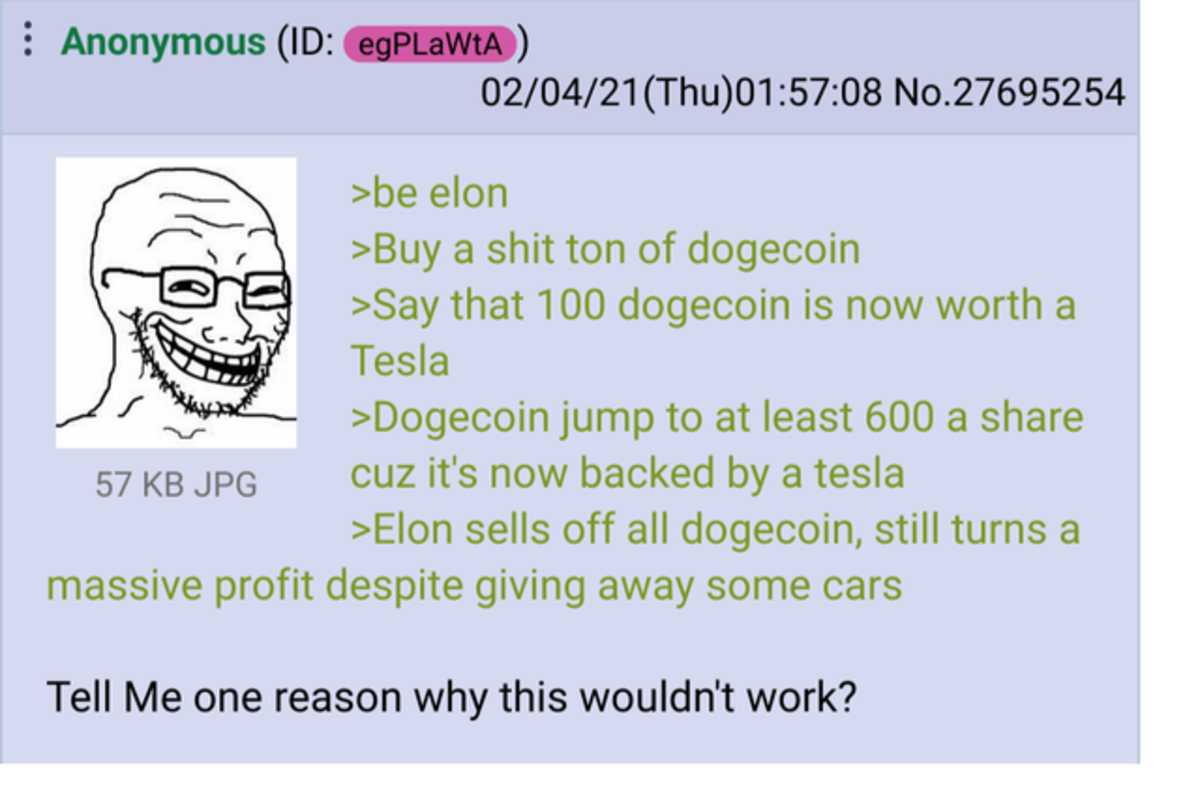 Anon buys Dogecoin. .. Not 100% on it, but I think thats a felony