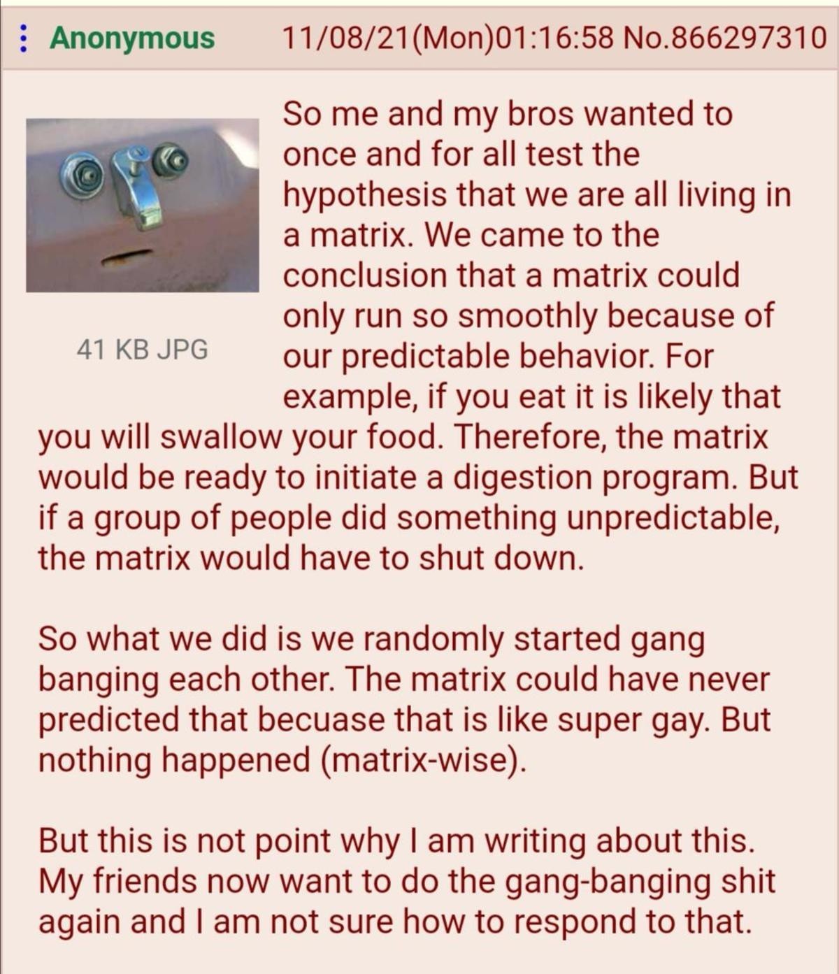 Anon escapes the matrix. .. The matrix initiated the homo program in response to your gang bang, it's too late for you now