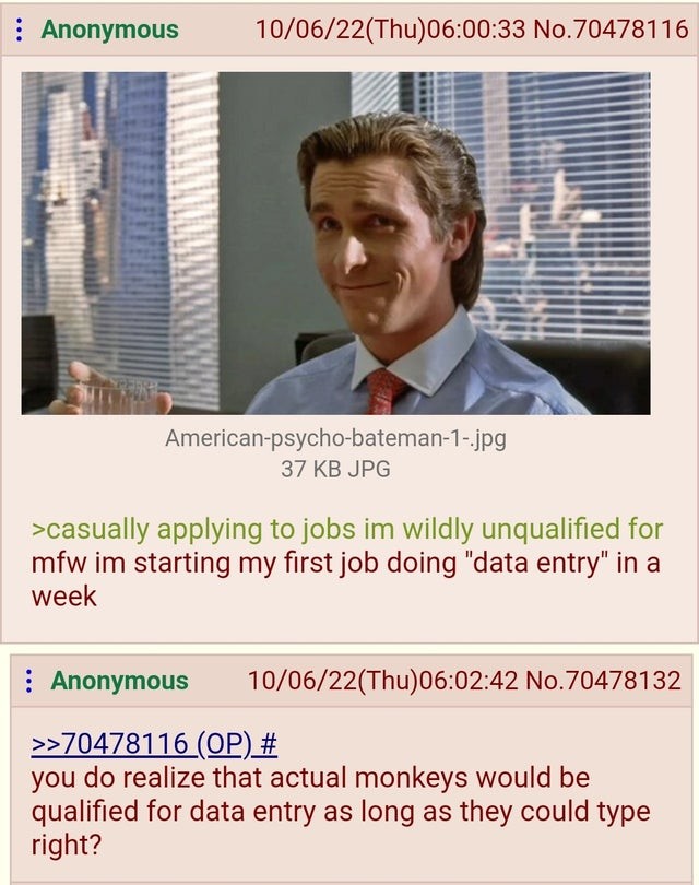 Anon gets a Job. .. if youre actually smart and you get the data youre supposed to enter in a standardized format, you can fully automate your job, do no work, and collect a payche
