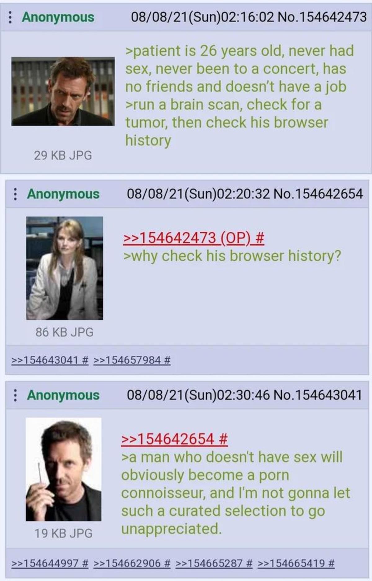 Anon is a Man of Culture. .. the side-plot is House trying to get Wilson to look at the weird pornComment edited at .