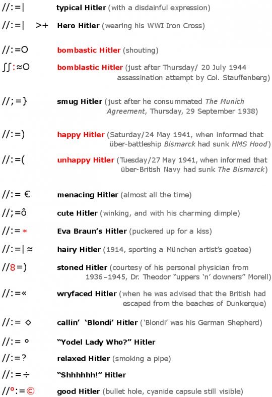 Emoticon. . ff: typical Hitler{ with a expression) ff: Hero Hitler (wearing his WWI Iran Crass] bombastic Hitler (shouting) ff: stsa) ' it: Hitler (just after T