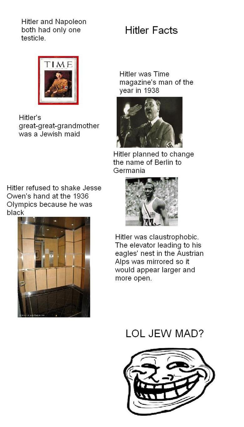 FACTS. read tags. Hitler and Napoleon both had only one Hitler Facts testicle. Hitlerous Time magazine' s man of the year in 1938 Hitler' s was a Jewish maid Hi