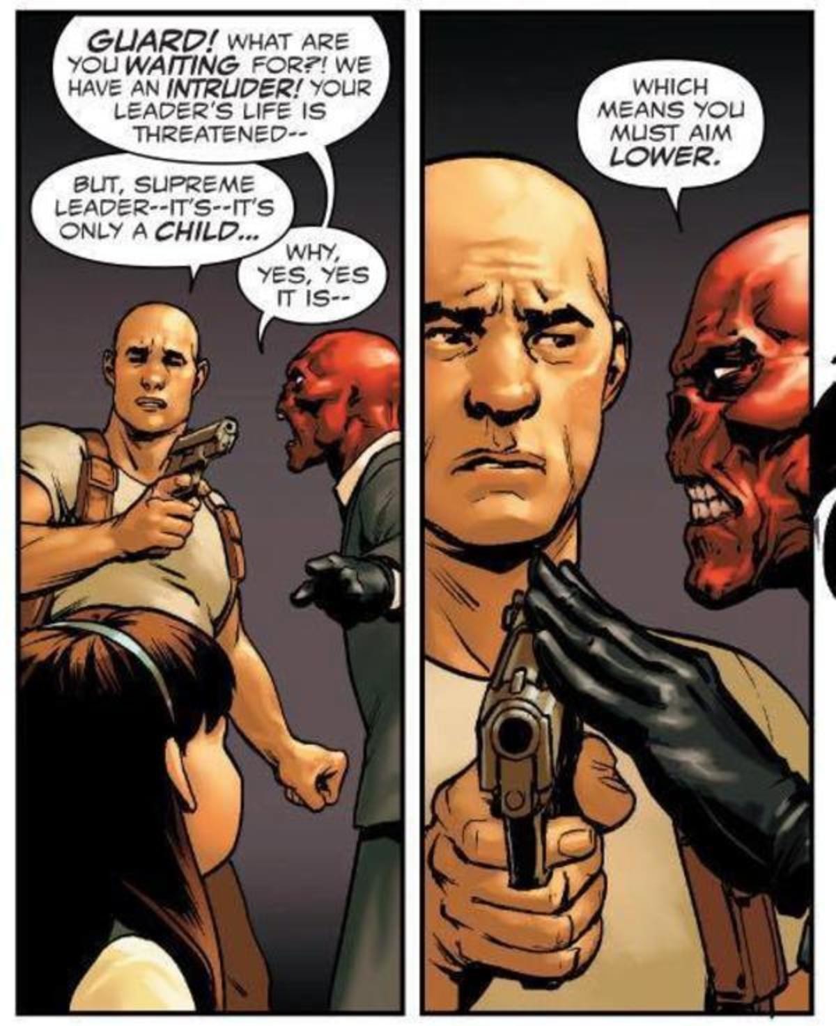 confining Human. .. How does Red Skull actually speak coherently? Without his lips that line should just be &quot;itch eans ju ust ain lo'er&quot; or something like that.