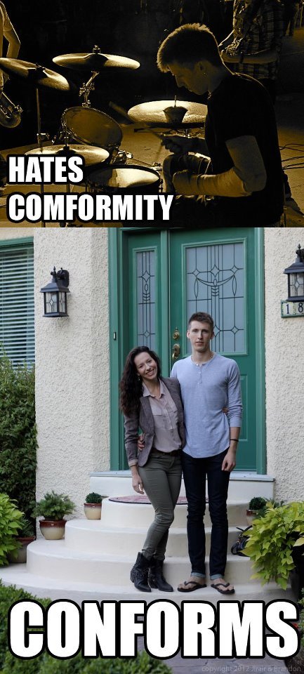 CONFORMITY MEME. Like Please.. I think it's a hilarious combination of pictures, he looks so into his drumming and in the next looks very uncomfortable in his outfit which was probably laid o