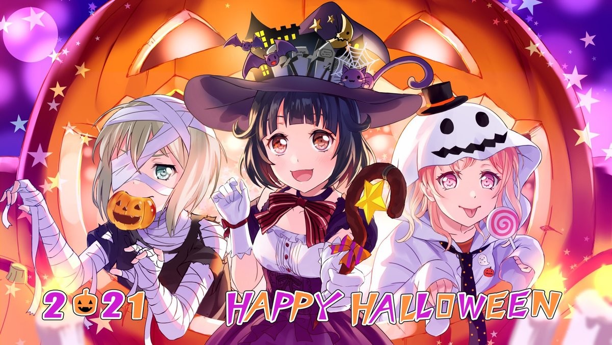 Daily BanG Dream #733: Happy Halloween. Official art found here: dreamgbp/status/1454644476190748672?t=Fxt0GBLDa8_gkWt0ZSJDHQ&amp;s=19 &quot;ハッピーハロウィン トリック・オア・ト
