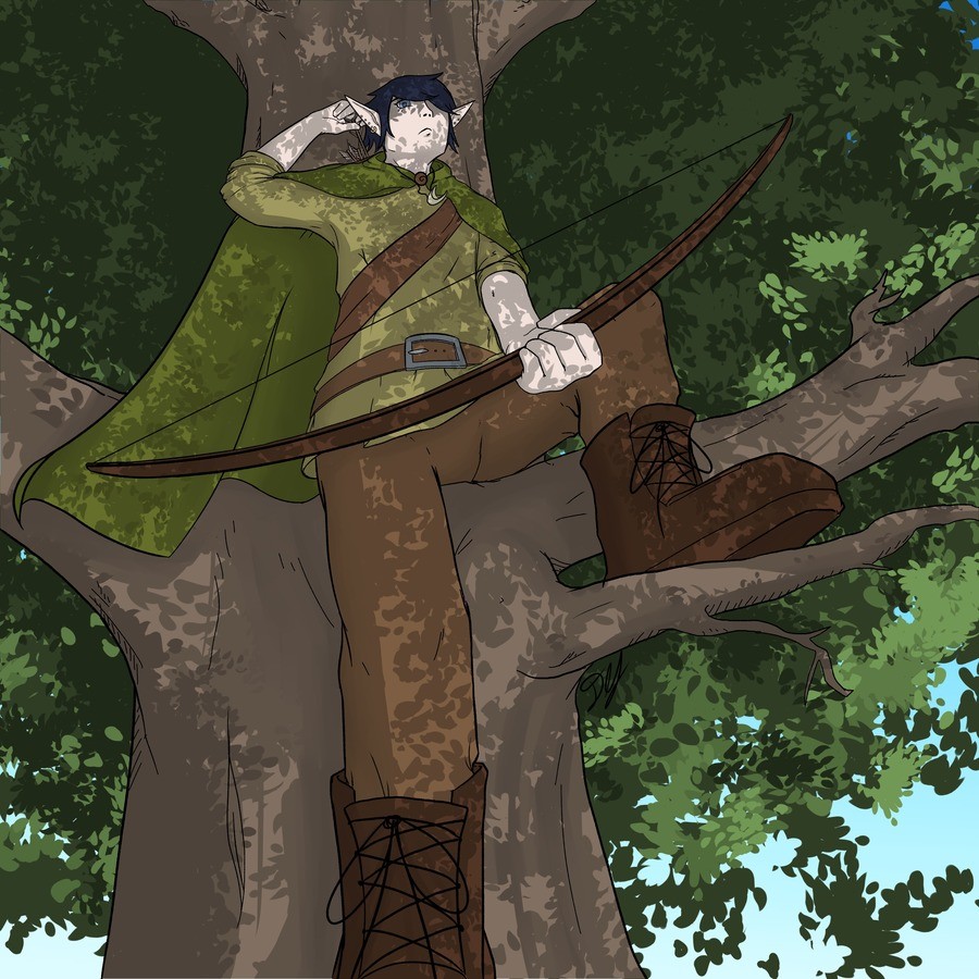 Erolith the Ranger. Drew my friends D&amp;D character, an elf ranger. wanted to mess with perspective and lighting through trees but idk if im entirely happy ho