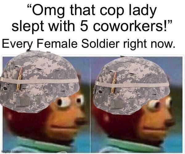 Facts. Knew a girl who was 17 joining the army, she boasted about how she'd slept with over 30 guys... I remember reading an article about how sex in the military is just all kinds of up. Like rape is not at all uncommon, sexual pressure even more so. But on the 