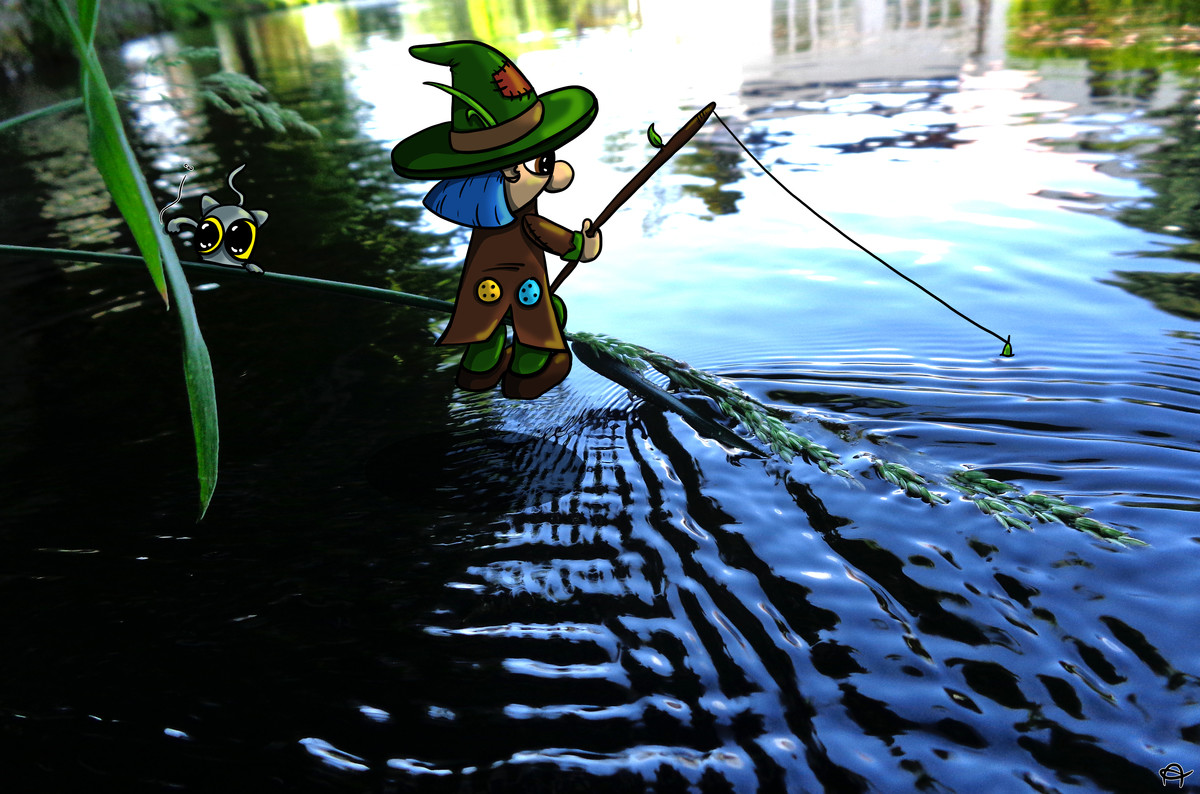 Fishing Gnome. A little experiment I'm doing right now. I want to combine my photography with my cartoon drawings. This is the first try. What do you think? For
