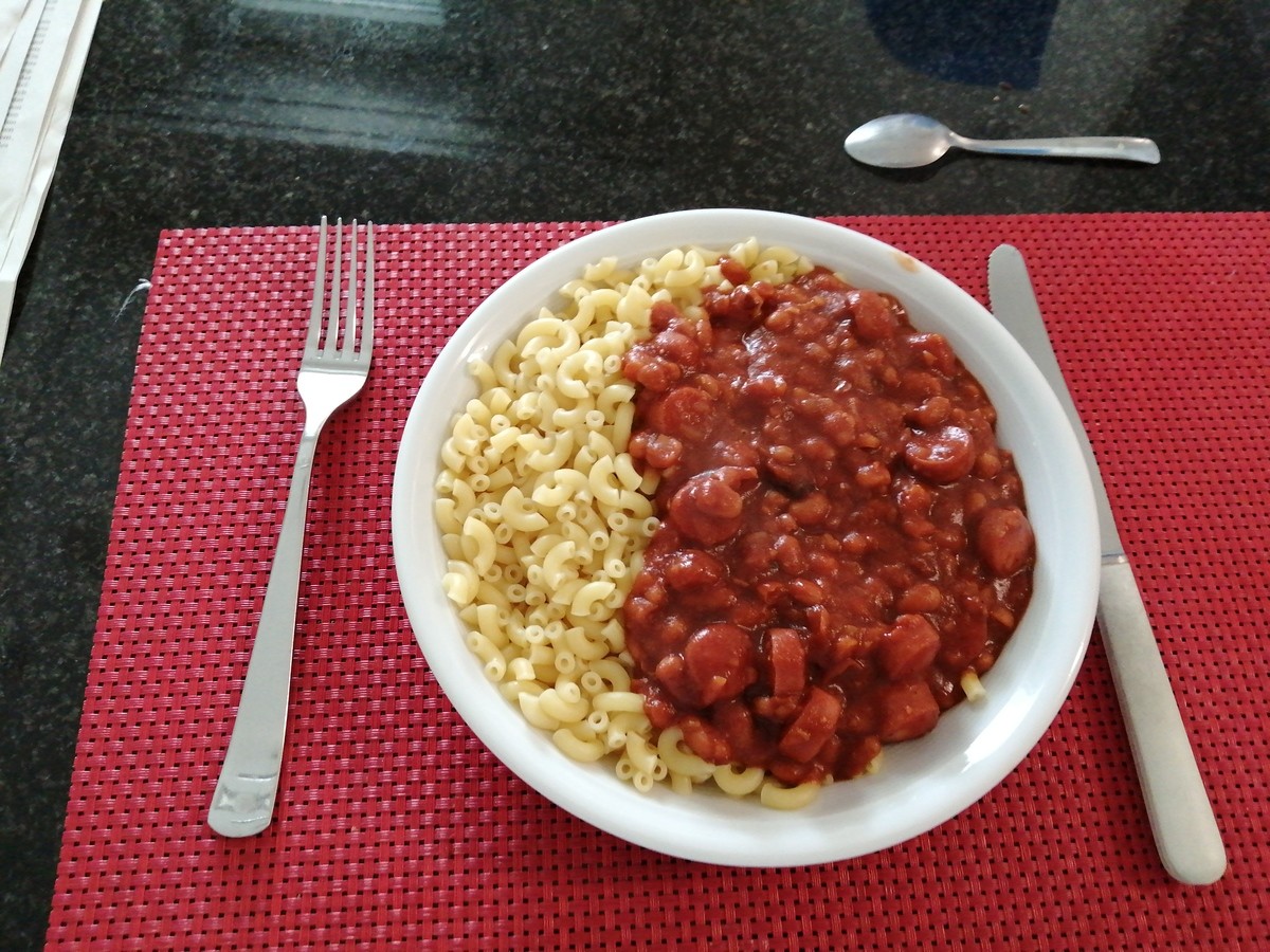 Franks and beans with elbow macaroni. I'm eating like it's the Great Depression over again. It's yummy though.. Besides the lack of greens it looks pretty nice, good job. Comment edited at .