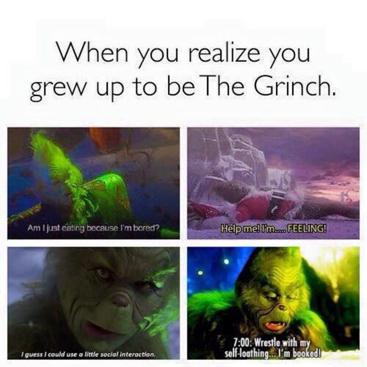 grew up. .. My family called me Grinch because i was too depressed to attend the Christmas Dinner