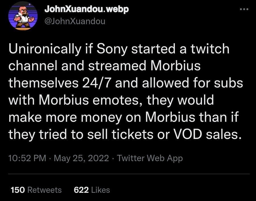 gullible stylized unselfish. .. Someone streamed morbius on twitch 24/7 for awhile. Didnt really have many views after the first couple days Comment edited at .