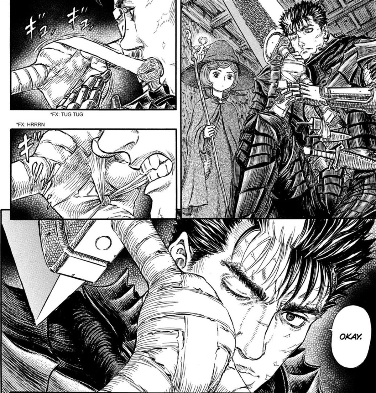 Guts. .. &gt;uses teeth to tighten bandage &gt;probably due to prosthetic being unable to do so with dexterity Small like this really kinda puts into perspective how Gut