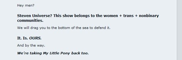 HA!. grabs popcorn for the comments. Hey men? Steven Universe? This show belongs to the women + trans + nonhumans communities. We will drag you to the bottom of