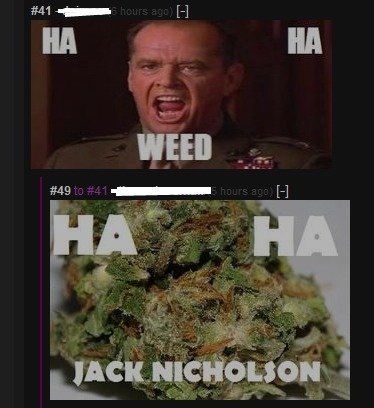 HA HA! WEED. sohigh.. really? you are going to screencap a comment without even giving credit to the posters? i smell an uberfaggot