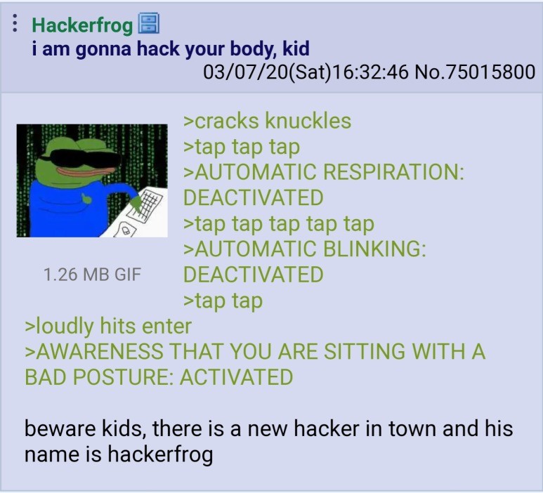 Hacker Frog. .. Heh jokes on you, todays my cheat day and I'm stoned af, I couldn't concentrate on any of those things if I wanted to.