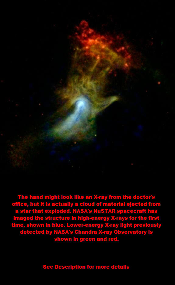 Hand of God. Scientists aren't sure whether the ejected material actually assumes the shape of a hand, or whether its interaction with the pulsar's particles is