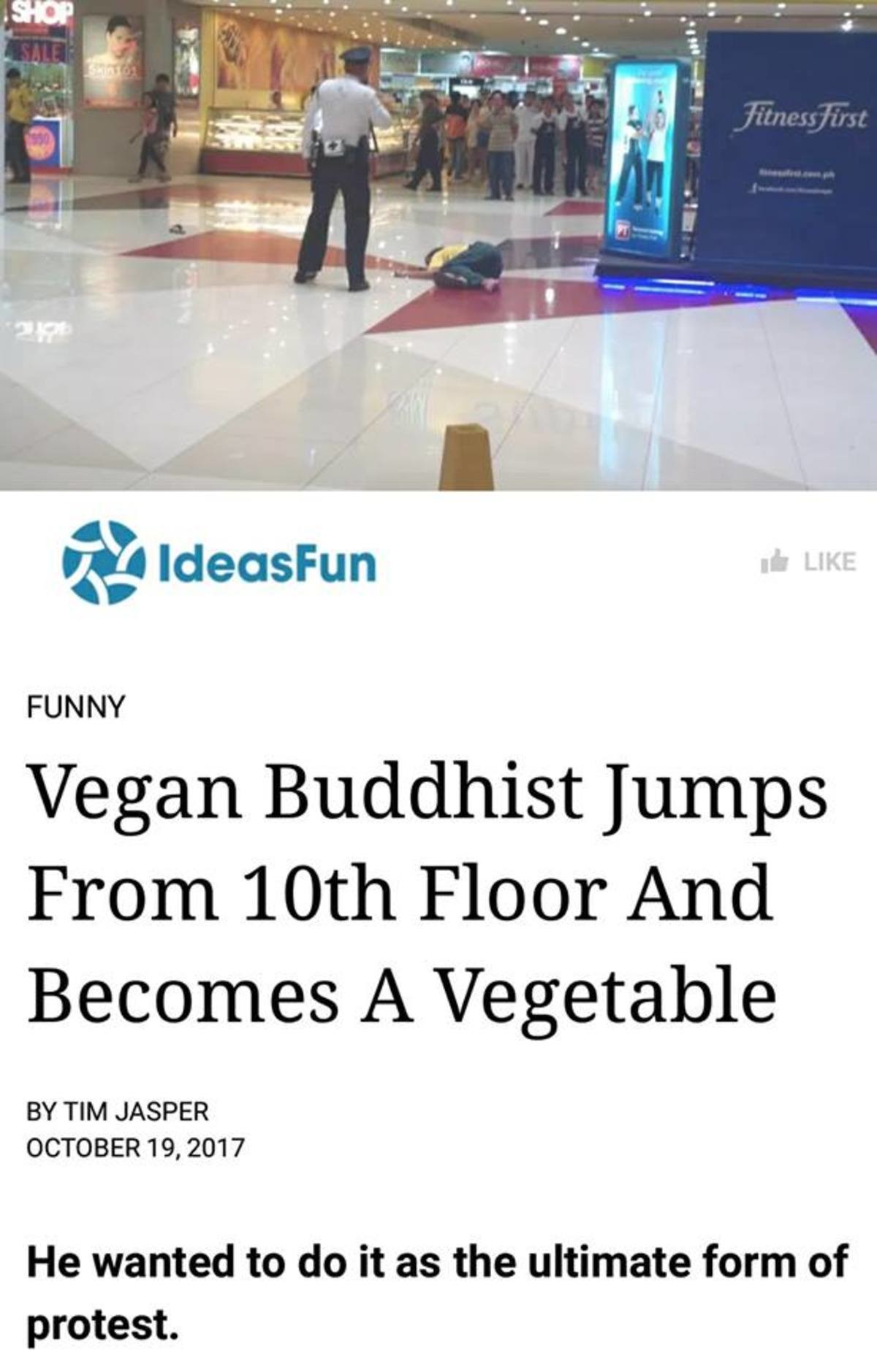 Hardcore veganism. I doubt this can be true but I had a good chuckle reading this.. Vegan Buddhist Jumps From 10th Floor And Becomes A Vegetable BY TIM JASPER O