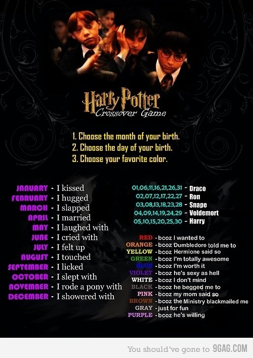 Harry Potter crossover game. just so you all know, i slapped draco malfoy because he's sexy as hell. and i wish i was born in october :/. I the month Elf birth.