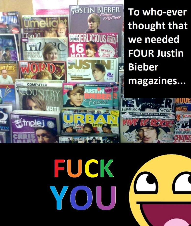 Hating on JB. Found these at UOW's unishop.. l i, FOUR Justin. Do not worry Justin Bieber will die when I raze the Earth Just like the rest of you