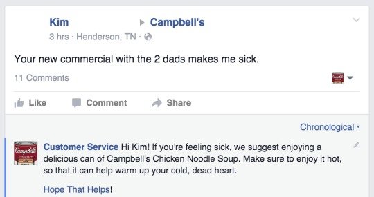 Have a Nice Steaming Cup of F You. . Kim _ Campbell' s 3 hrs r Henderson, TN . PI Your new commercial with the 2 dads makes me sick. 11 Comments . 1 ii Like I "