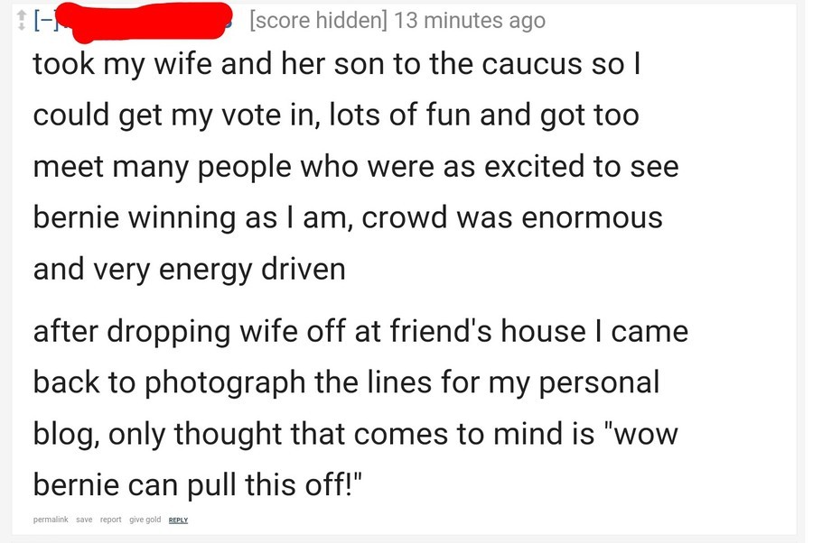 He literally took his wife's son to vote for Bernie. I may be a manlet (200cm) loser but at least I'm not a cuck. score hidden] 13 minutes ago took my wife and 
