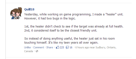 Healer. Not OC, just a simple print screen from FB. . Quilter Yesterday, while working on game programming, I made a "healer" unit. However, it had two bugs in 