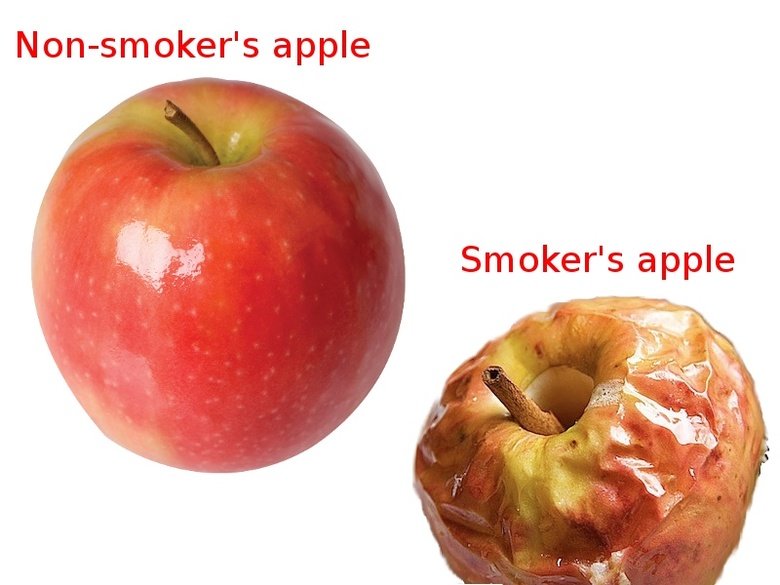 Health ad. Open your eyes!. s apple Smoker" s apple. Why smoke when you can vape(e-cig)? Screw your tobacco, my nicotine delivery tastes like Nutella.
