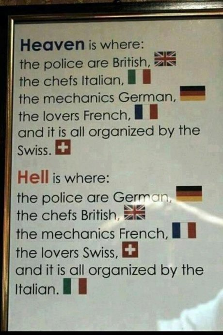 Heaven and Hell. . J. MIE l.. Btp. tili l at in is where: " drdee are British, the chefs Italian. I I i the mechanics German, the lovers French] I and it is all