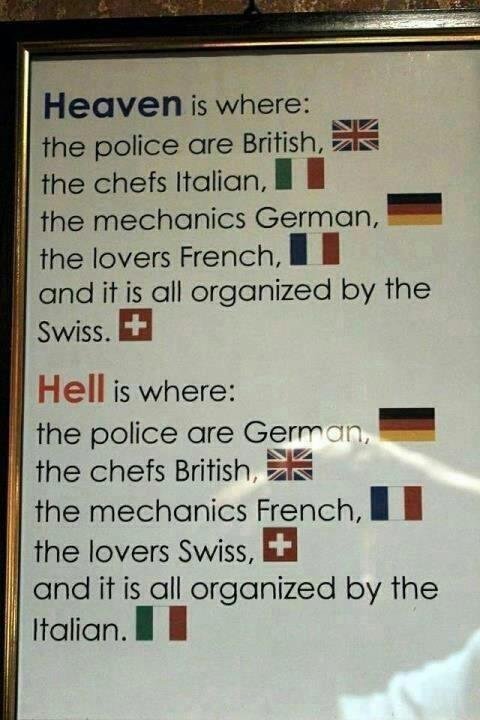 Heaven and Hell. . MMI T. r [; are British, tibial g the chefs Italian. I I the mechanics German, i, the lovers French, I I and it is all worganizer by the a Sw