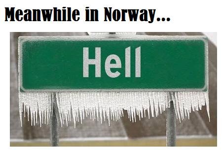 Road sign on entry to Hell, Norway. It's frozen over.