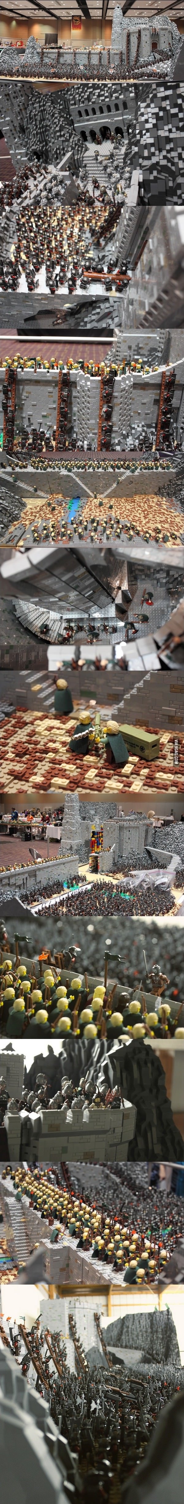 Helms Deep recreated in lego. 150,000 bricks, 1,700 figures and four months to complete. not mine but still very awesome.. - &quot;Here Amroth Carnesîr, take this machine gun&quot;