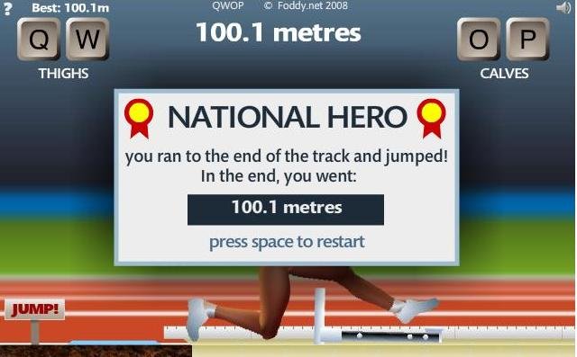 Hero. Was way too bored . an was M) THE HS CALVES iti NATIONAL HERO 'lti you ran he the end the track ( in the end. you went: metres press space to restart. haters gonna hate