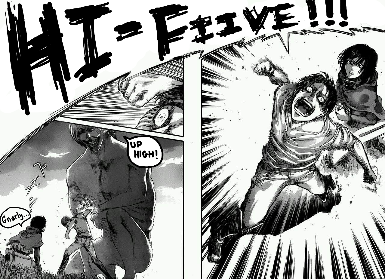 Hi five. Eren and mumeater become friends after they share a cup of hannes's blood source: shingeki no kyojin.. the new chapter is released!?