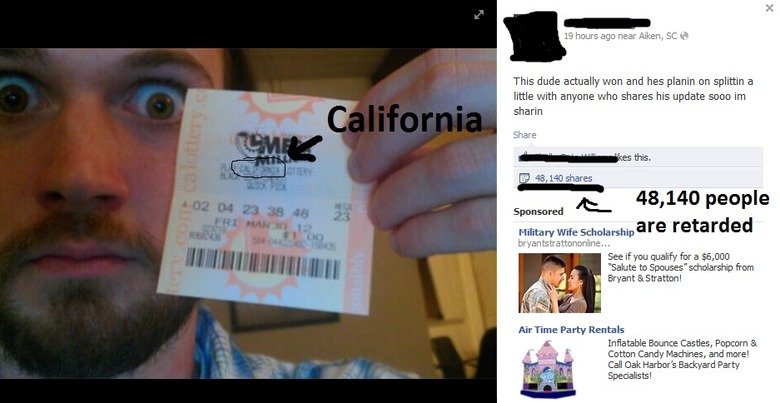 Hi. I'm a Facebook whore.. BTW. The winners came from Maryland, Kansas, and Illinois. And that has been all over the news.. This dude actually and has totalis a