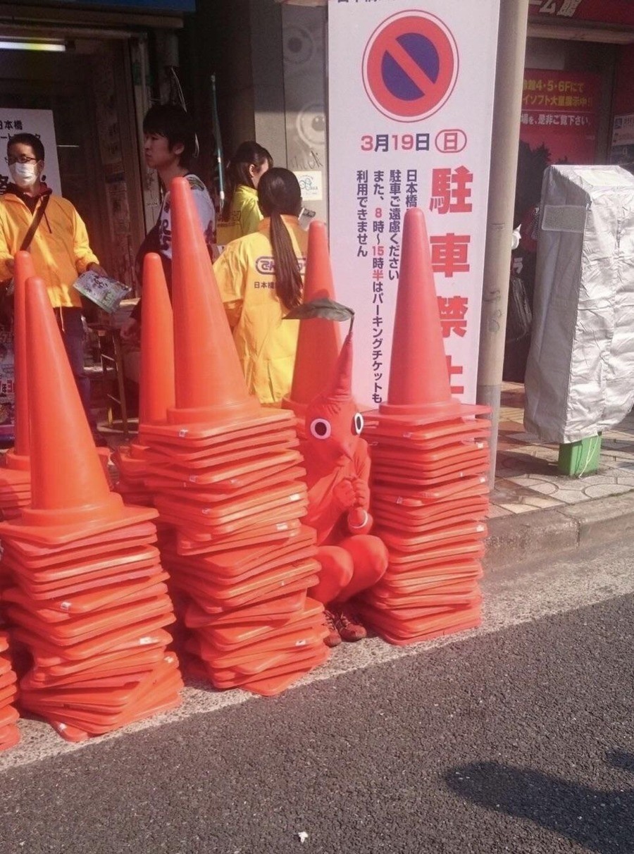 hiding from all the anime. .. I don't get it. All I see are stacks of traffic cones. ...yep, that's all.