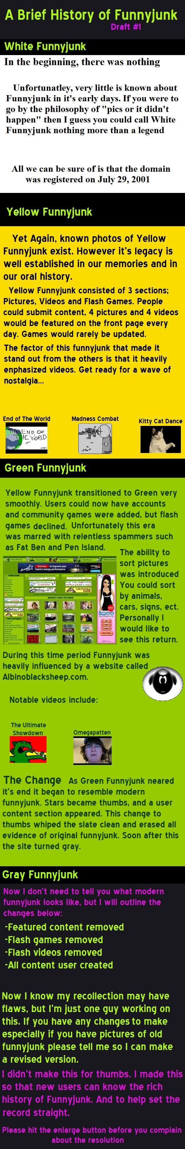 History of FJ. Admin asked.. A Brief History of Funnyjunk White Funnyjunk In the beginning, there was nothing Unfortunatley, very little is known about Funnyjun