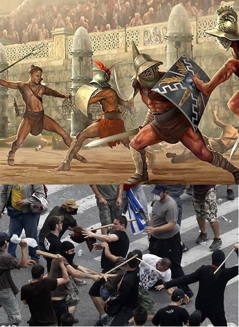 History...Infinite.... It seems no matter how far we come as a species, nothing changes. Roman royalty and upper class would have warriors and peasants fight in